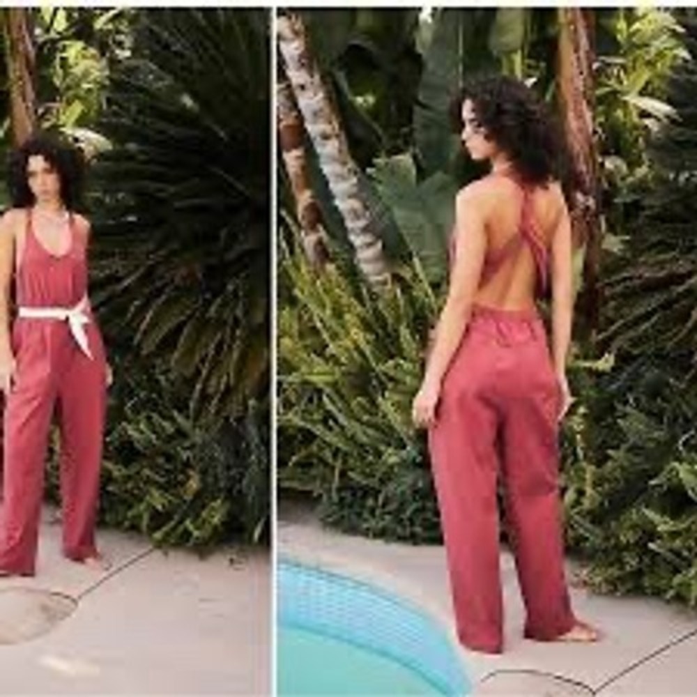 Free People Beach Burnt Henna Cotton Angel Open Back Wide Leg Jumpsuit XS New